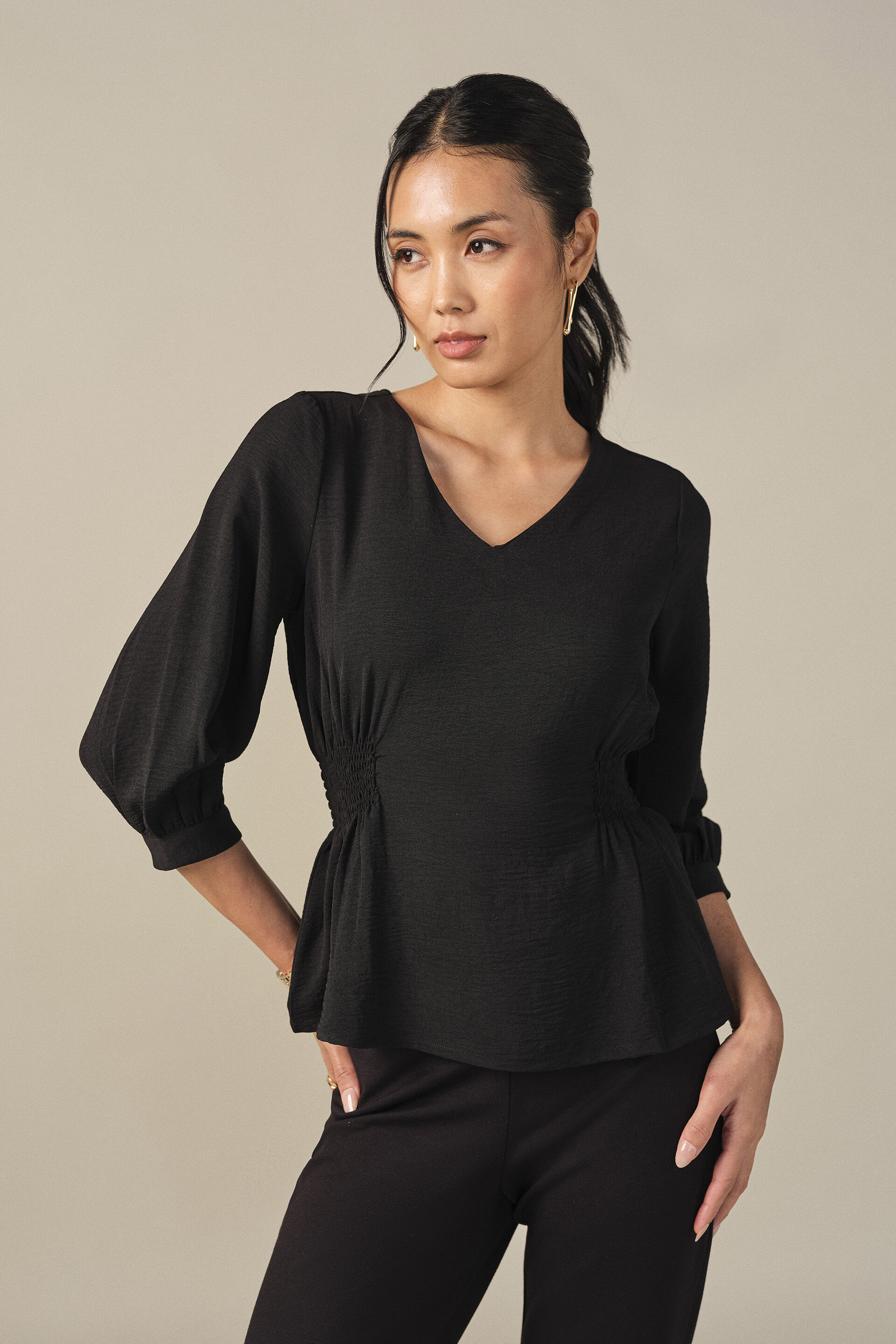 Side Smocked Top in Black